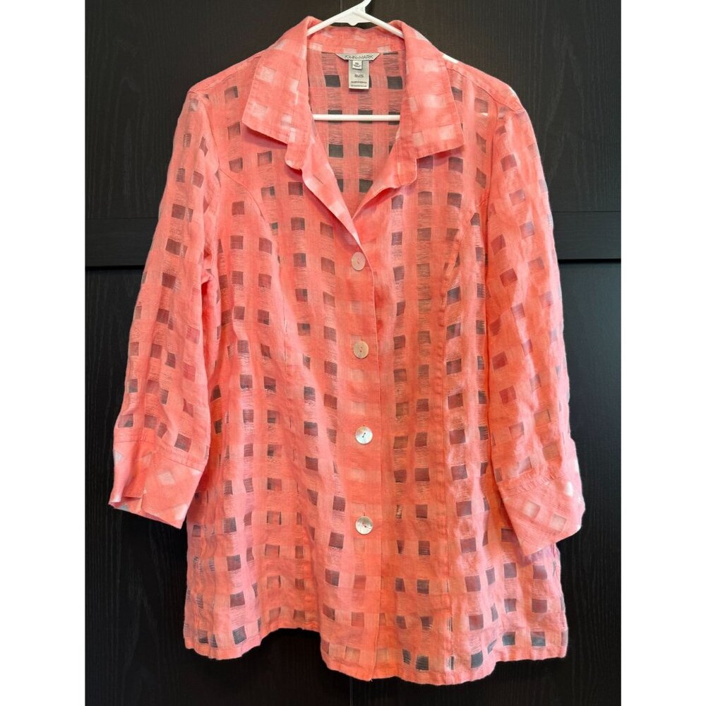 John Mark Button Up Collared Semi Sheer Linen Blouse XL 3/4 Sleeves Lagenlook
